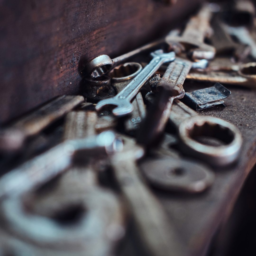 Closeup photo shoot of different nesessary tools and parts in every man's garage.